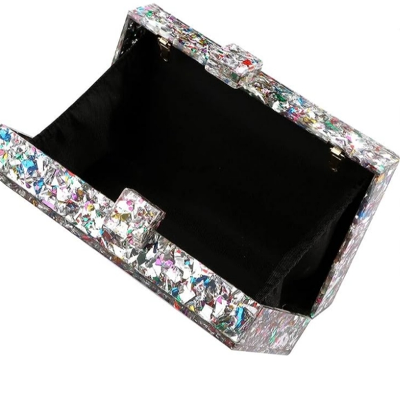 Abstract Silver Confetti Hard Case Clutch Bag Box Purse Crossbody Chain Multi - Picture 3 of 11